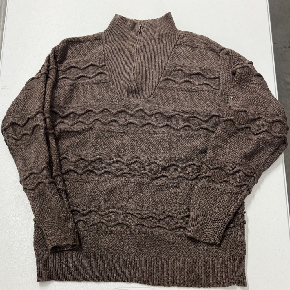 St Johns Bay Cable Knit Sweater Mens L Brown Zip Mock Neck V-Neck Overlay